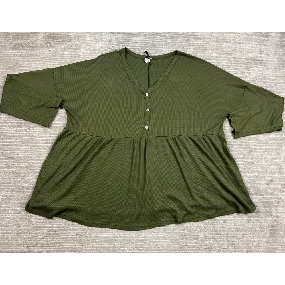 Glitzy Girlz Top Womens XL Olive Green Waffle Knit Peplum Button V-Neck Henley